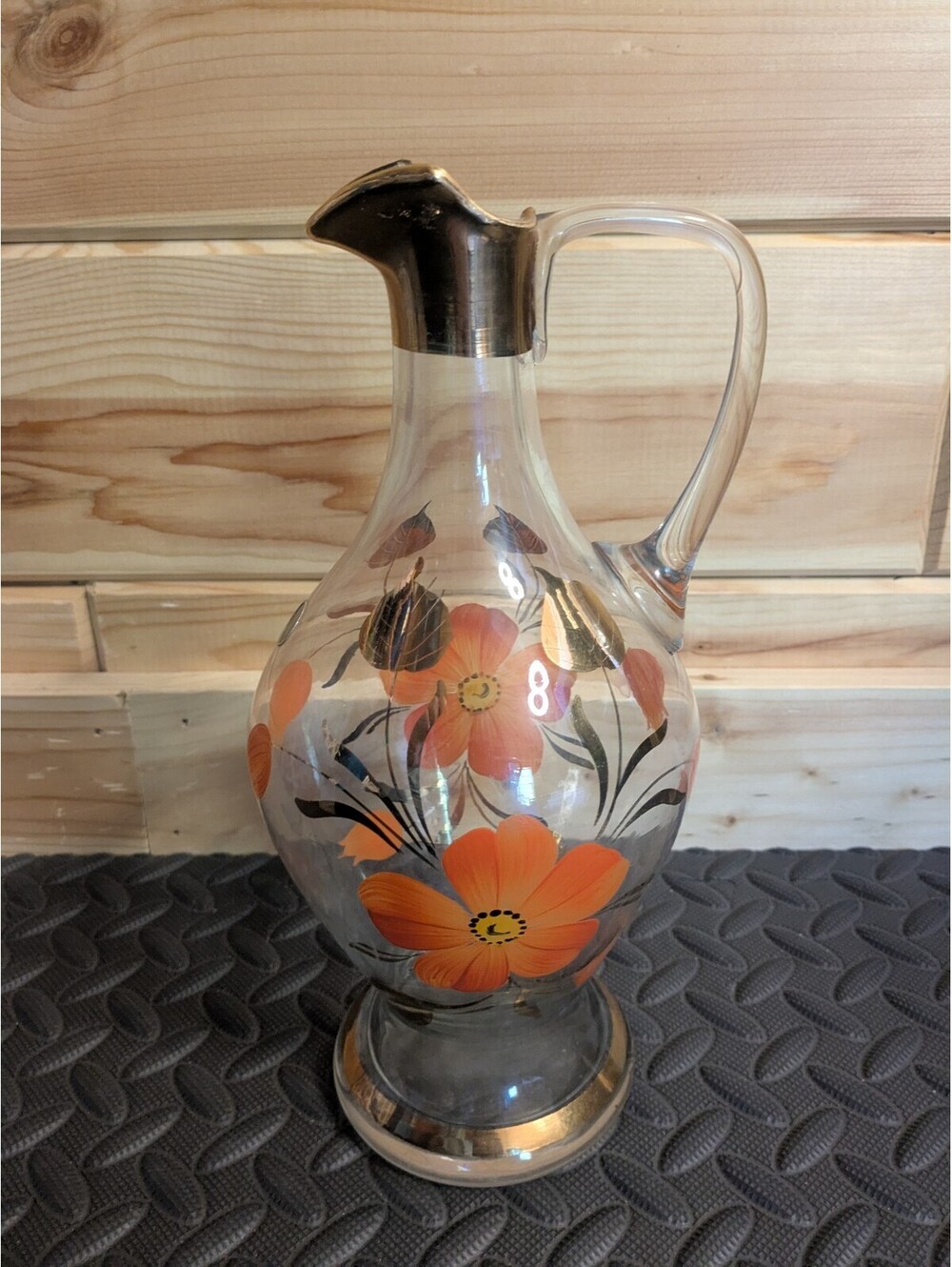 Vintage crystal gold orange flowers hand painted decanter